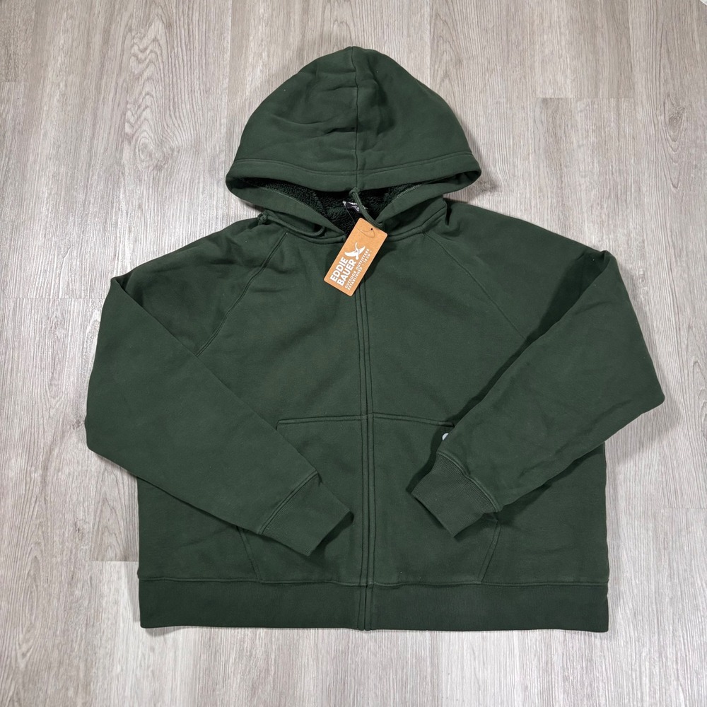 Eddie‎ Bauer Womens XL Dark Hunter Green Vintage Soft Sherpa Lined Zip Hoodie